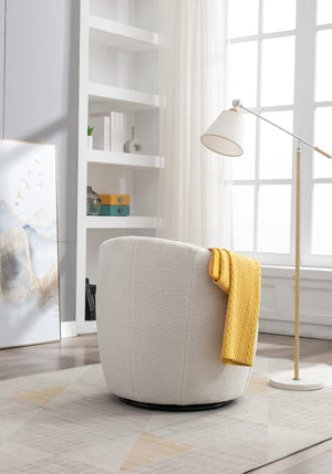 English Elm Teddy Fabric Barrel Swivel Chair with Metal Ring Base for Living Room Reading Nook Ivory W52741627