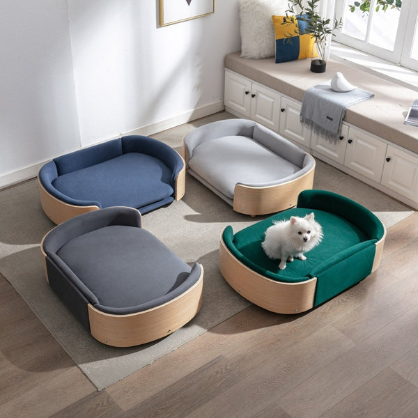 English Elm Scandinavian Mid-century Pet Sofa with Bentwood Back Solid Wood Legs Velvet Cushion Dark Blue W79460563