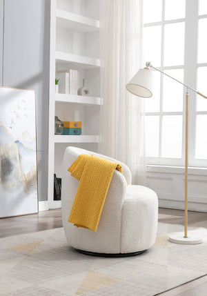 English Elm Teddy Fabric Barrel Swivel Chair with Metal Ring Base for Living Room Reading Nook Ivory W52741627