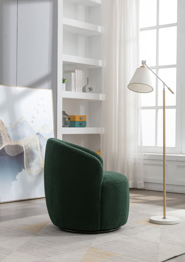 English Elm Teddy Fabric Barrel Swivel Chair with Metal Ring Base for Living Room Reading Nook Green W52741628