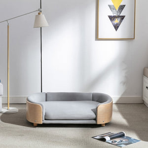 English Elm Scandinavian Mid-century Pet Sofa with Bentwood Back Solid Wood Legs Velvet Cushion Light Grey W79460561