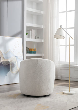 English Elm Teddy Fabric Barrel Swivel Chair with Metal Ring Base for Living Room Reading Nook Ivory W52741627