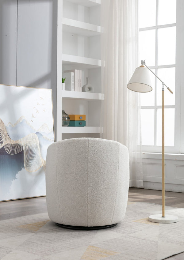 English Elm Teddy Fabric Barrel Swivel Chair with Metal Ring Base for Living Room Reading Nook Ivory W52741627