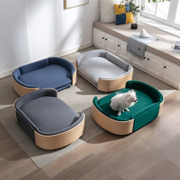 English Elm Scandinavian Mid-century Pet Sofa with Bentwood Back Solid Wood Legs Velvet Cushion Light Grey W79460561
