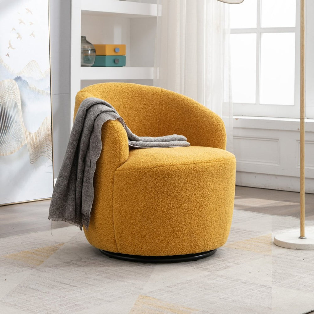 English Elm Teddy Fabric Barrel Swivel Chair Plush Foam Seat with Metal Ring Base for Living Room W52742326