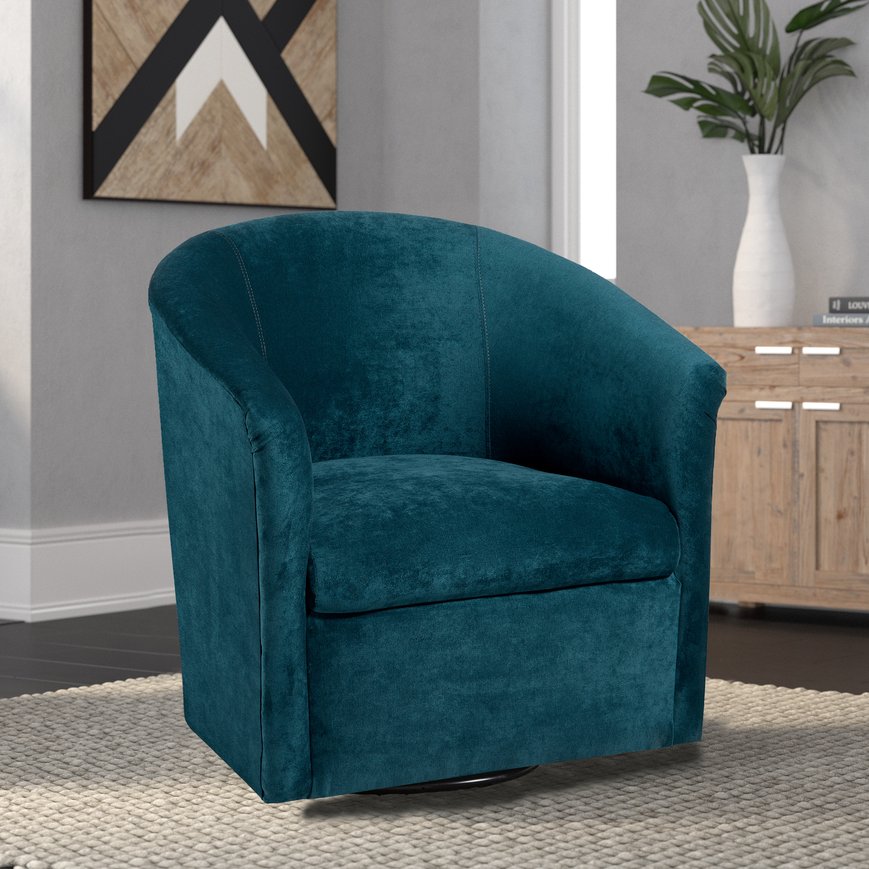 English Elm Eden Ocean Microfiber Swivel Chair in Blue — Velvet-Like, Durable 360° Comfort, Solid Hardwood Frame, USA Made B05063786