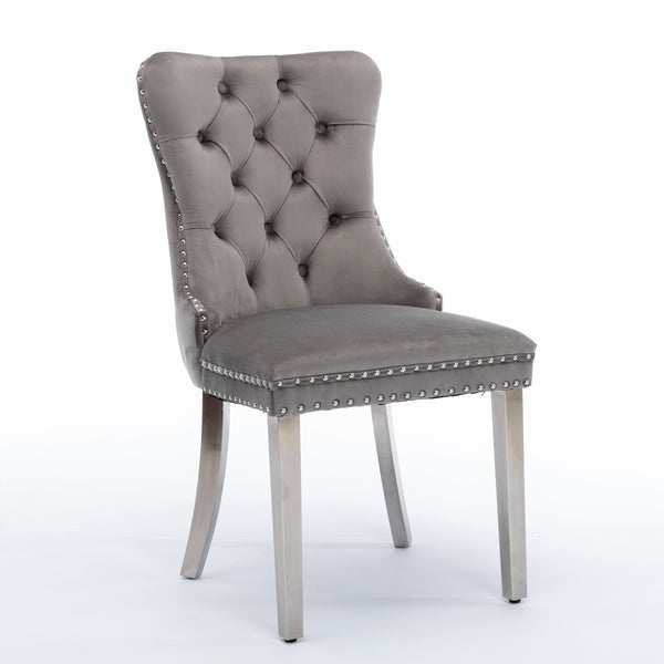 English Elm A&A Modern Nikki Collection Tufted Velvet Dining Chair with Nailhead Trim and Chrome Legs, Set of 2 Gray W114352491