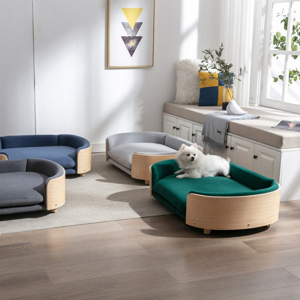 English Elm Scandinavian Mid-century Pet Sofa with Bentwood Back Solid Wood Legs Velvet Cushion Dark Blue W79460563