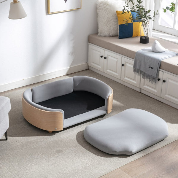 English Elm Scandinavian Mid-century Pet Sofa with Bentwood Back Solid Wood Legs Velvet Cushion Light Grey W79460561