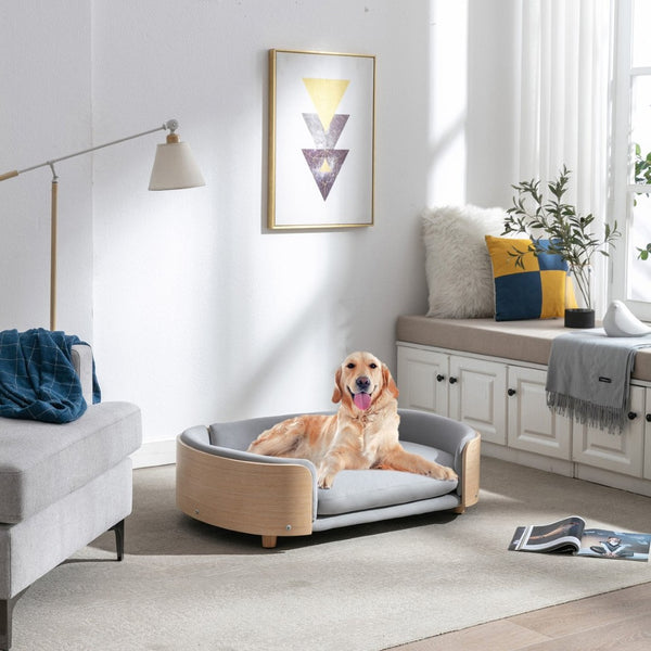 English Elm Scandinavian Mid-century Pet Sofa with Bentwood Back Solid Wood Legs Velvet Cushion Light Grey W79460561