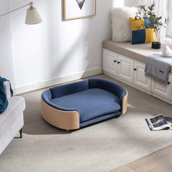English Elm Scandinavian Mid-century Pet Sofa with Bentwood Back Solid Wood Legs Velvet Cushion Dark Blue W79460563