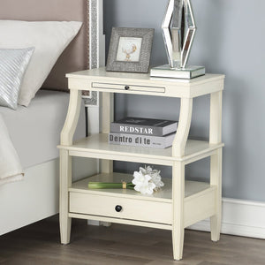 English Elm Newland Antique White Storage Nightstand with Drawer, Pull-Out Tray, Black Hardware & Fluted Legs B05063817