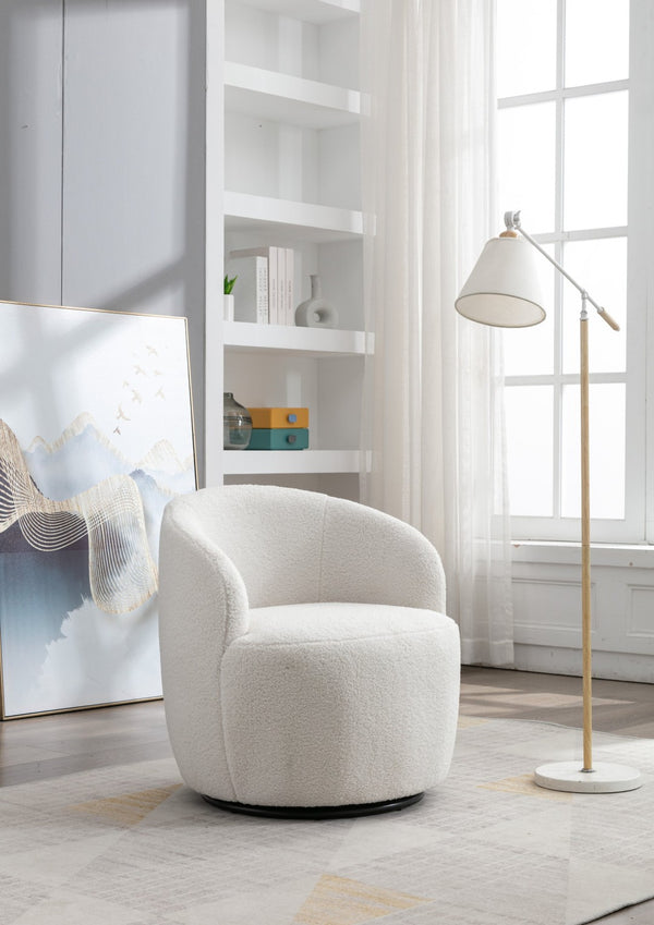 English Elm Teddy Fabric Barrel Swivel Chair with Metal Ring Base for Living Room Reading Nook Ivory W52741627