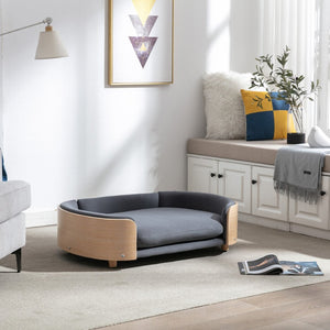 English Elm Scandinavian Mid-century Pet Sofa with Bentwood Back Solid Wood Legs Velvet Cushion W79460562