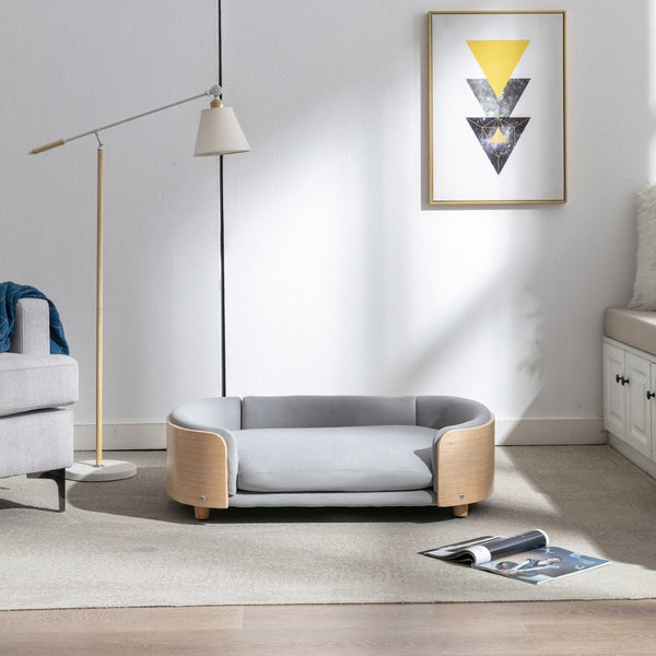 English Elm Scandinavian Mid-century Pet Sofa with Bentwood Back Solid Wood Legs Velvet Cushion Light Grey W79460561