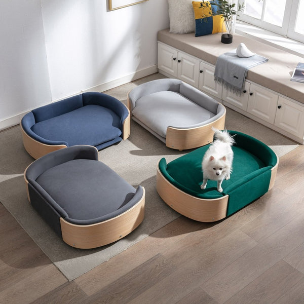 English Elm Scandinavian Mid-century Pet Sofa with Bentwood Back Solid Wood Legs Velvet Cushion Dark Blue W79460563