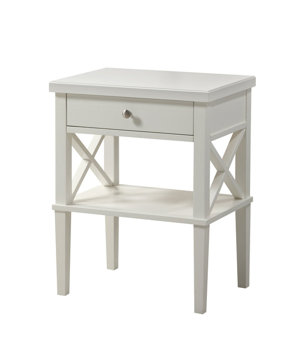 English Elm Madison White Nightstand with Brushed Nickel Pulls, Solid Wood & MDF, Drawer Glide, Open Shelf (21"H) B05063811