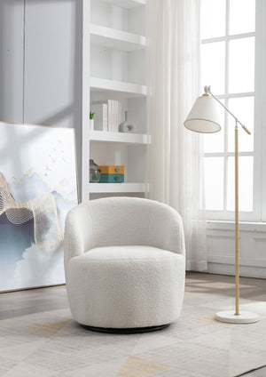 English Elm Teddy Fabric Barrel Swivel Chair with Metal Ring Base for Living Room Reading Nook Ivory W52741627