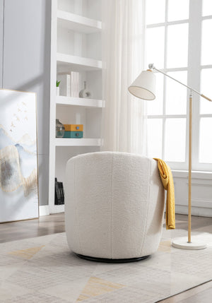 English Elm Teddy Fabric Barrel Swivel Chair with Metal Ring Base for Living Room Reading Nook Ivory W52741627