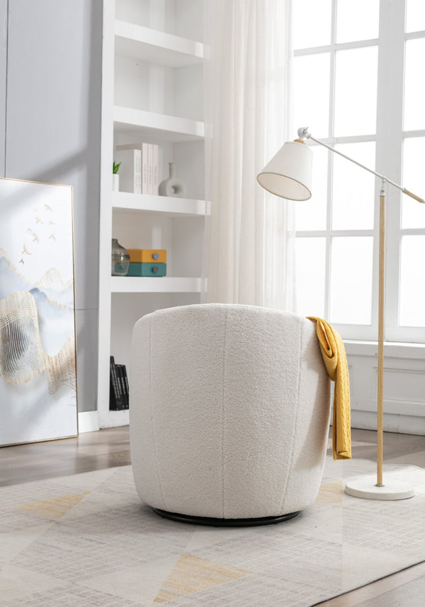 English Elm Teddy Fabric Barrel Swivel Chair with Metal Ring Base for Living Room Reading Nook Ivory W52741627