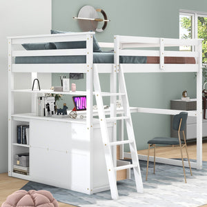 English Elm Full Full Size Loft Bed with Desk, Shelves and Two Storage Drawers – Solid Pine Craft, Modern Design White GX000416AAK