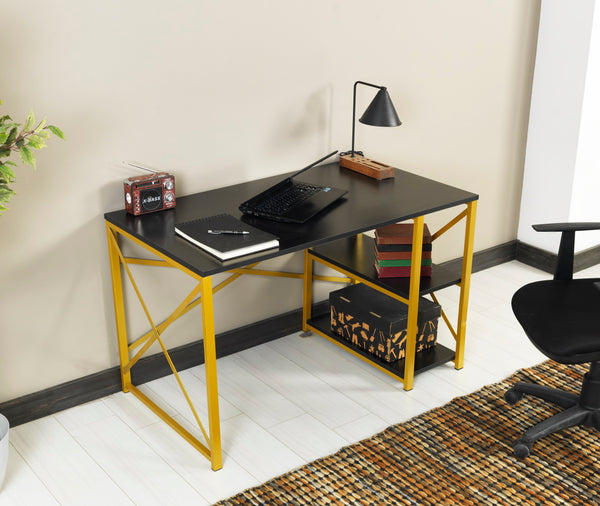 English Elm Furnish Home Store Morello Gold Metal Frame 47" Wooden Top 2 Shelves Writing and Computer Desk For Home Office, Black