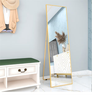 English Elm Wall-Mounted Alloy Frame Full Length Mirror with Slim Profile and Durable Glass for Elegant Spaces Golden W151064129