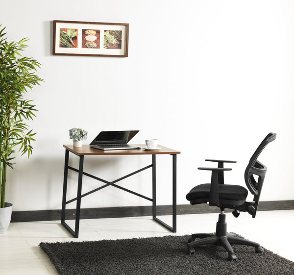 English Elm Furnish Modern Lator Black Metal Frame 35" Walnut Writing Desk For Teens & Small Home Offices B02964514