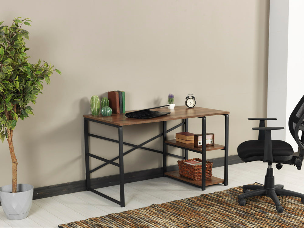English Elm Furnish Sage Black Metal Frame 47" Walnut Top Writing Desk With 2 Shelves - Ideal For Home Office B02964511