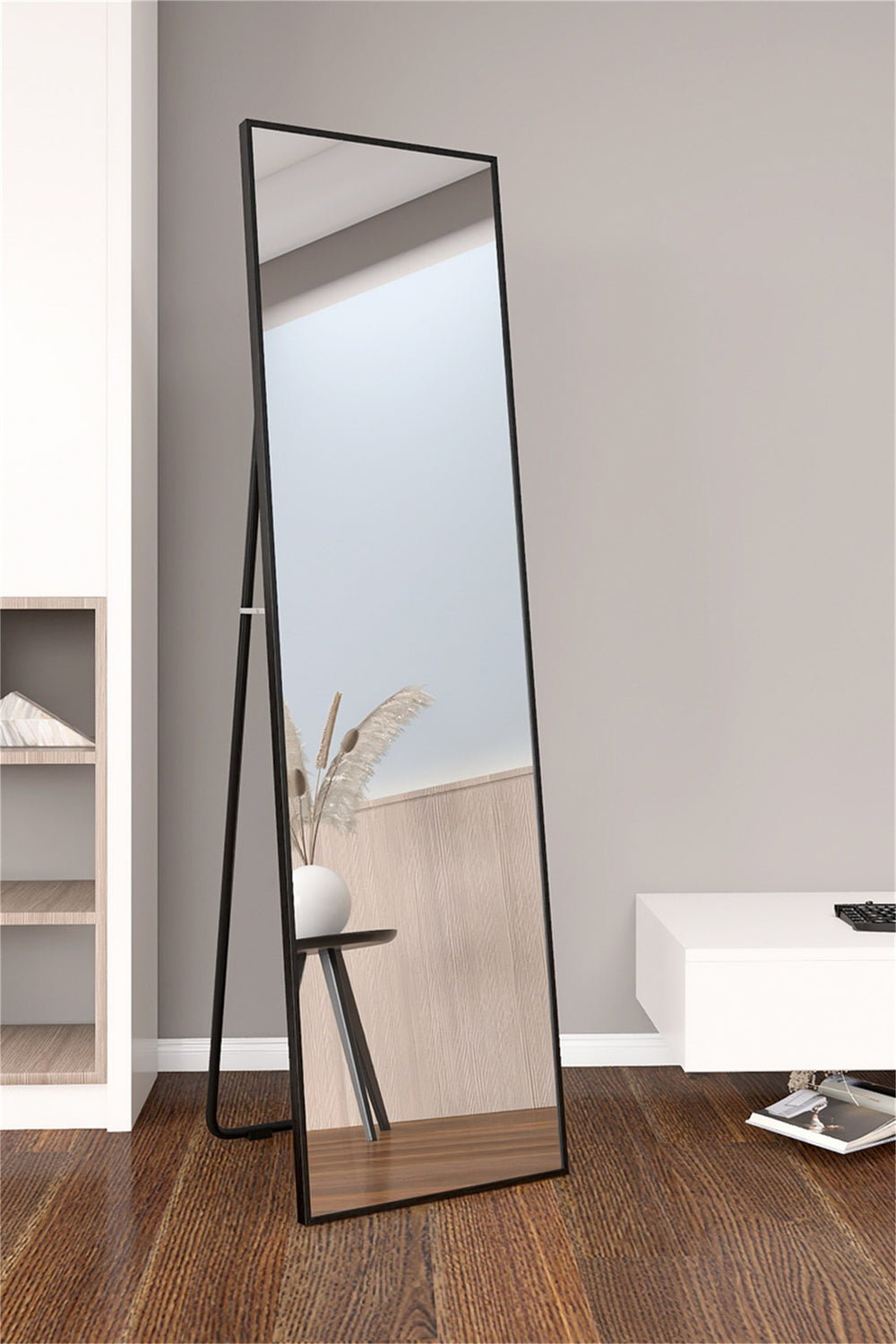 English Elm Wall-Mounted Alloy Frame Full Length Mirror with Slim Profile and Durable Glass for Elegant Spaces Black W151064128