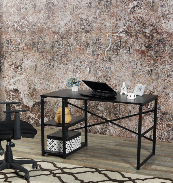 English Elm Furnish Home Store Sage Black Metal Frame 47" Desk With 2 Shelves For Compact Home Office Workspaces B02964509