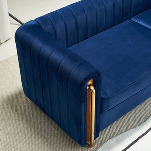 English Elm Contemporary Velvet Sofa Channel-Tufted 84.25" 3-Seater Blue with Gold Legs, Modern Luxe Comfort W57953689
