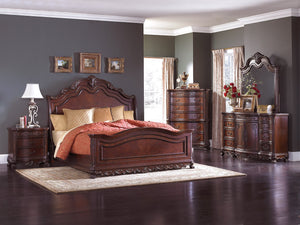 English Elm Cherry Finish Six Drawer Chest with Carved Shell Motifs and Burl Veneer Traditional Bedroom B011104403