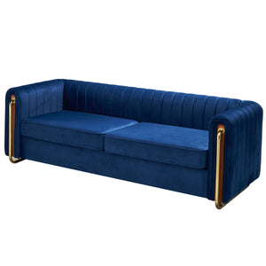 English Elm Contemporary Velvet Sofa Channel-Tufted 84.25" 3-Seater Blue with Gold Legs, Modern Luxe Comfort W57953689