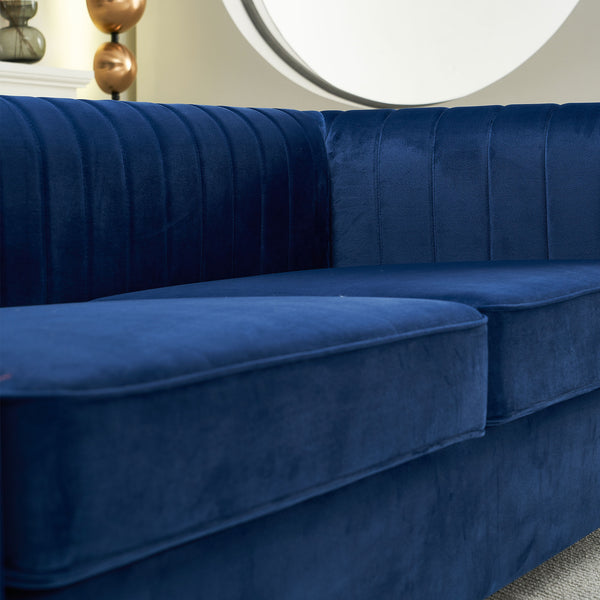 English Elm Contemporary Velvet Sofa Channel-Tufted 84.25" 3-Seater Blue with Gold Legs, Modern Luxe Comfort W57953689