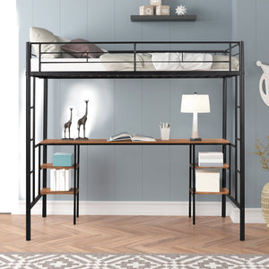 English Elm Twin-size Loft Bed with Built-In Table & Shelves, Heavy-Duty Metal, Noise-Reducing EVA, Safe Guardrail W42752472