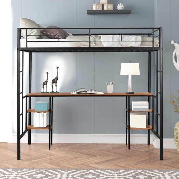English Elm Twin-size Loft Bed with Built-In Table & Shelves, Heavy-Duty Metal, Noise-Reducing EVA, Safe Guardrail W42752472