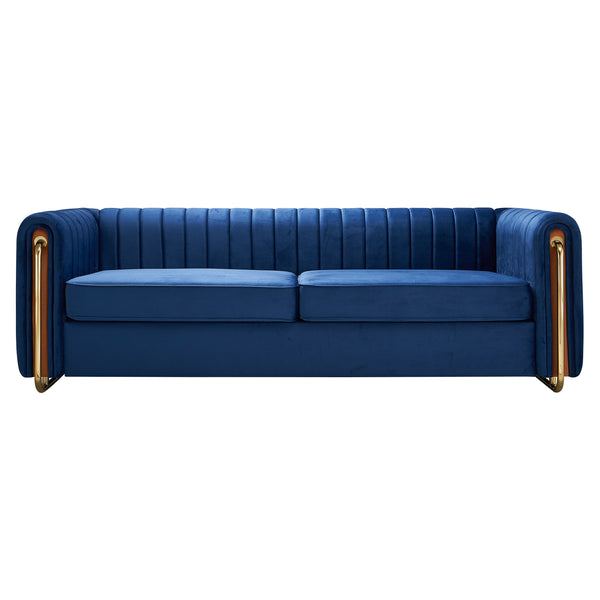 English Elm Contemporary Velvet Sofa Channel-Tufted 84.25" 3-Seater Blue with Gold Legs, Modern Luxe Comfort W57953689