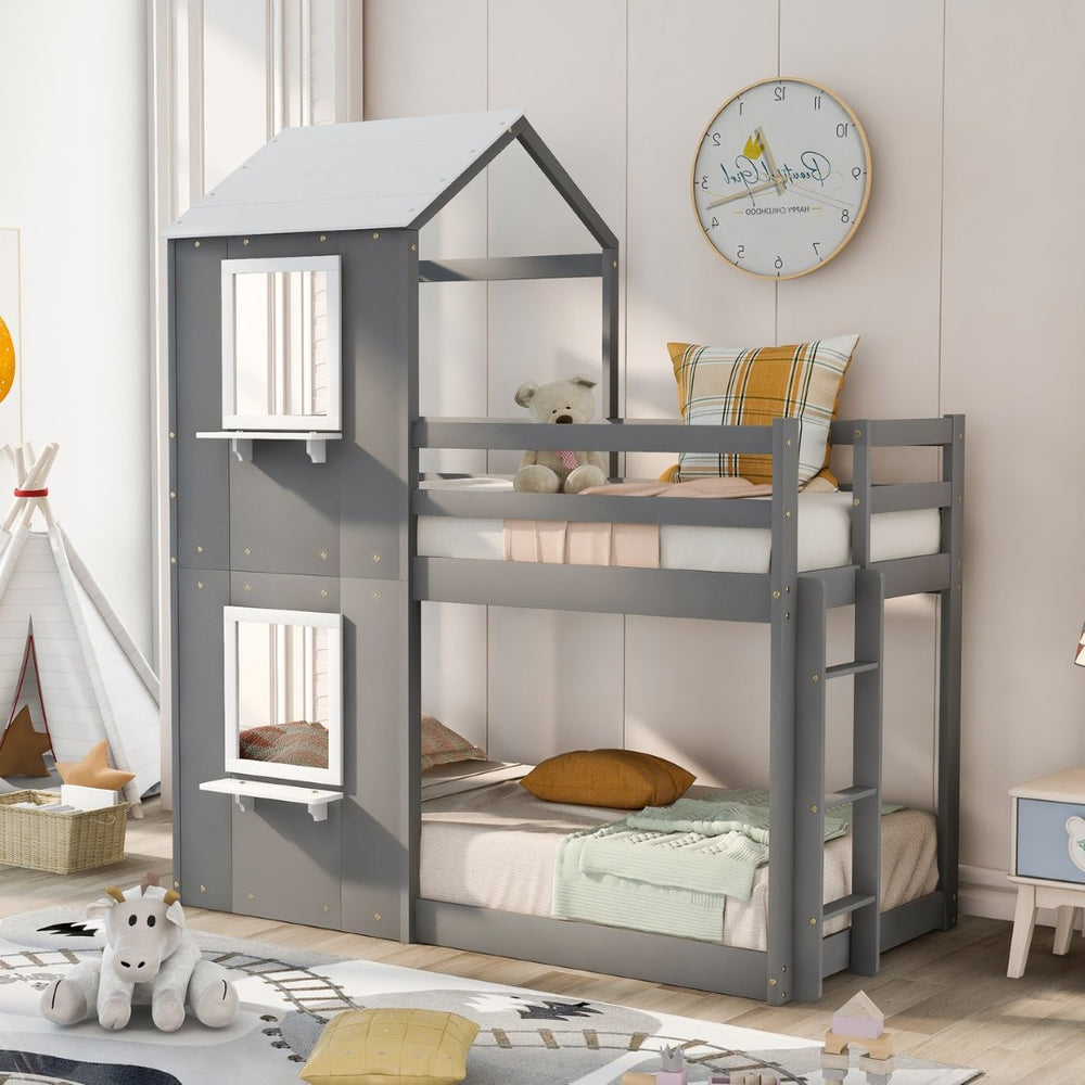 English Elm Twin Over Playhouse Bunk Bed Solid Pine Frame with Roof Window Guardrail LT000056AAE