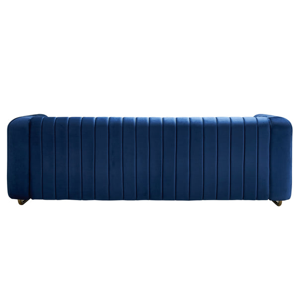 English Elm Contemporary Velvet Sofa Channel-Tufted 84.25" 3-Seater Blue with Gold Legs, Modern Luxe Comfort W57953689