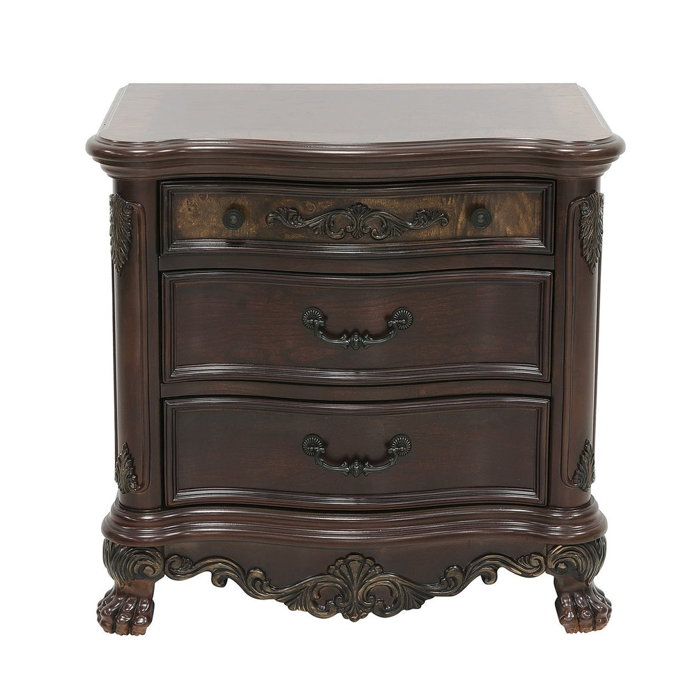 English Elm Elegant Deryn Park Nightstand Cherry Finish with Gold Tipping, 3 Drawers, Burl Inlay & Claw Feet B01164710