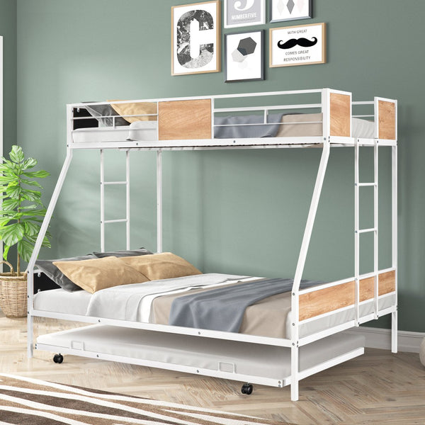 English Elm Metal Twin over Full Bunk Bed with Trundle, Anti-Noise Design, Full Guardrail, Sturdy Steel Frame, Space-SavingComfort W42752429