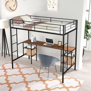 English Elm Twin-size Loft Bed with Built-In Table & Shelves, Heavy-Duty Metal, Noise-Reducing EVA, Safe Guardrail W42752472