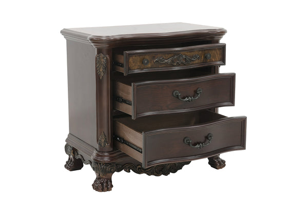 English Elm Elegant Deryn Park Nightstand Cherry Finish with Gold Tipping, 3 Drawers, Burl Inlay & Claw Feet B01164710