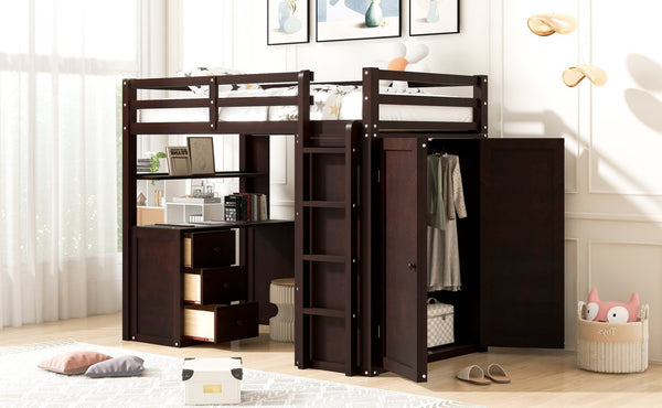 English Elm Twin Loft Bed with Built-in Desk Wardrobe and Drawers Solid Pine Space Saver Espresso LT000301AAP-2