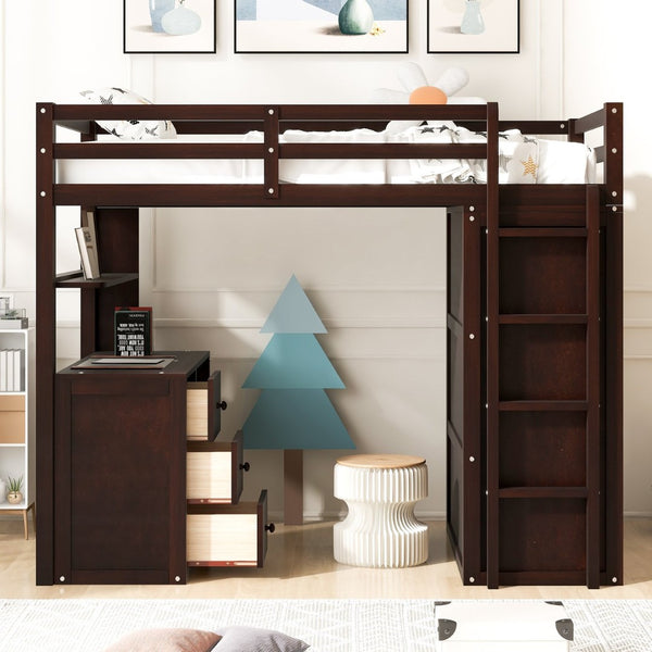 English Elm Twin Loft Bed with Built-in Desk Wardrobe and Drawers Solid Pine Space Saver Espresso LT000301AAP-2