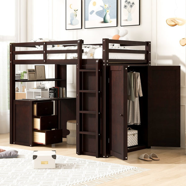 English Elm Twin Loft Bed with Built-in Desk Wardrobe and Drawers Solid Pine Space Saver Espresso LT000301AAP-2