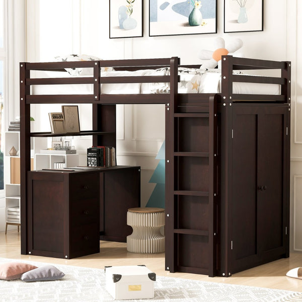 English Elm Twin Loft Bed with Built-in Desk Wardrobe and Drawers Solid Pine Space Saver Espresso LT000301AAP-2