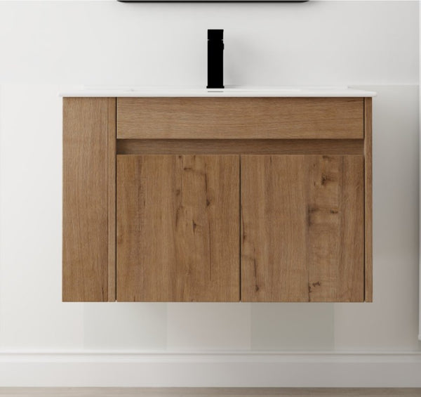 English Elm 30 Inch Wall Mounted Bathroom Vanity with Open Shelf Hardware Free Handle Design W99956039