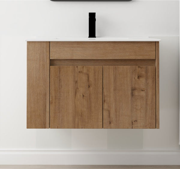 English Elm 30 Inch Bathroom Vanity With Adjustable Open Shelf & Modern White Ceramic Basin For Easy Assembly W999S00003
